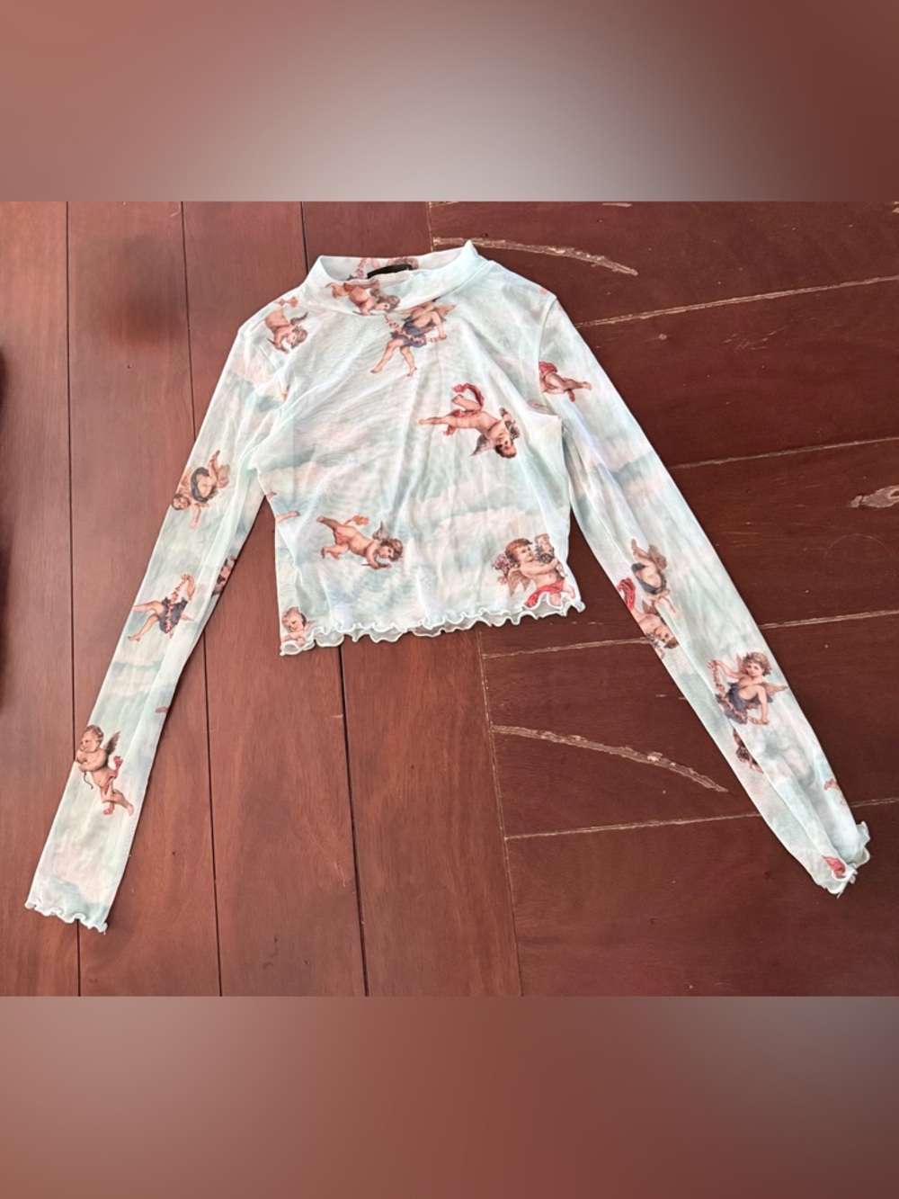 Blue Cherub Print Long-Sleeve Mesh Top